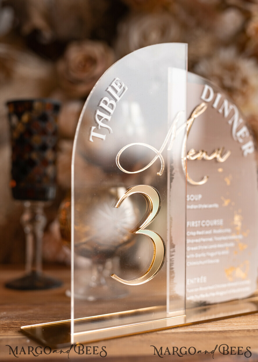 TABLE DECOR SIGNS Acrylic table decor Numbers Acrylic Half Arch Table Number and menu Combo, Clear and Frozen Acrylic gold Sign, Gold Plexi Table Number and Menu Combo Luxury Wedding Table Decor, Wedding Signage