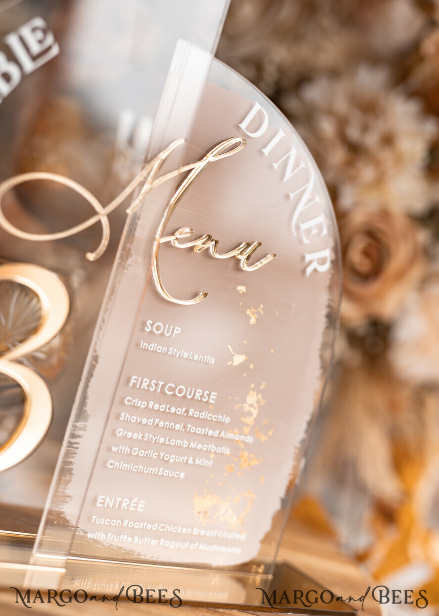 TABLE DECOR SIGNS Acrylic table decor Numbers Acrylic Half Arch Table Number and menu Combo, Clear and Frozen Acrylic gold Sign, Gold Plexi Table Number and Menu Combo Luxury Wedding Table Decor, Wedding Signage