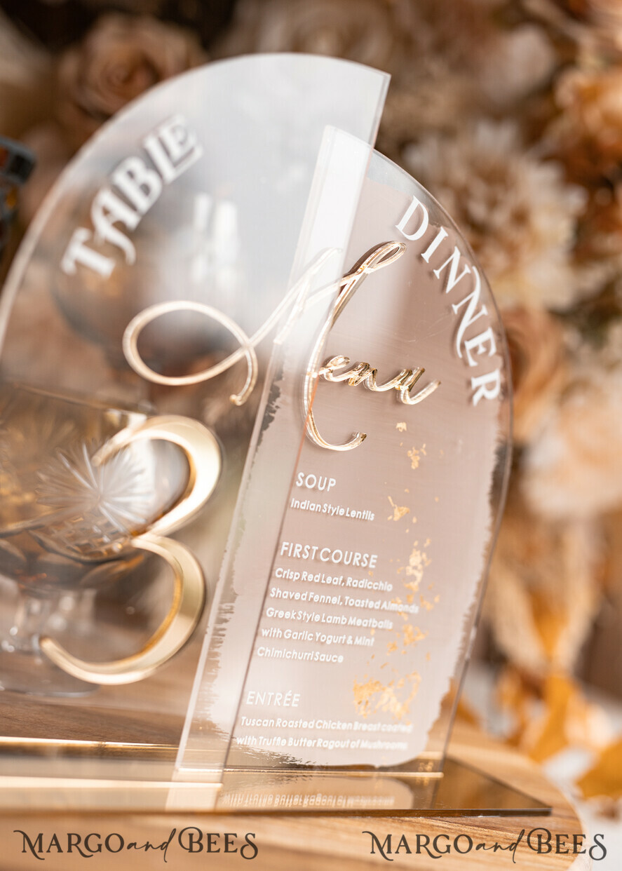 TABLE DECOR SIGNS Acrylic table decor Numbers Acrylic Half Arch Table Number and menu Combo, Clear and Frozen Acrylic gold Sign, Gold Plexi Table Number and Menu Combo Luxury Wedding Table Decor, Wedding Signage