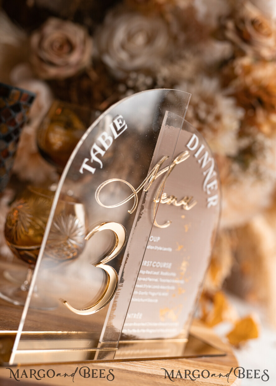 TABLE DECOR SIGNS Acrylic table decor Numbers Acrylic Half Arch Table Number and menu Combo, Clear and Frozen Acrylic gold Sign, Gold Plexi Table Number and Menu Combo Luxury Wedding Table Decor, Wedding Signage