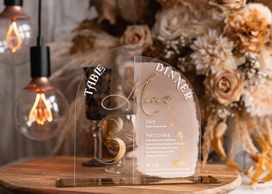TABLE DECOR SIGNS Acrylic table decor Numbers Acrylic Half Arch Table Number and menu Combo, Clear and Frozen Acrylic gold Sign, Gold Plexi Table Number and Menu Combo Luxury Wedding Table Decor, Wedding Signage