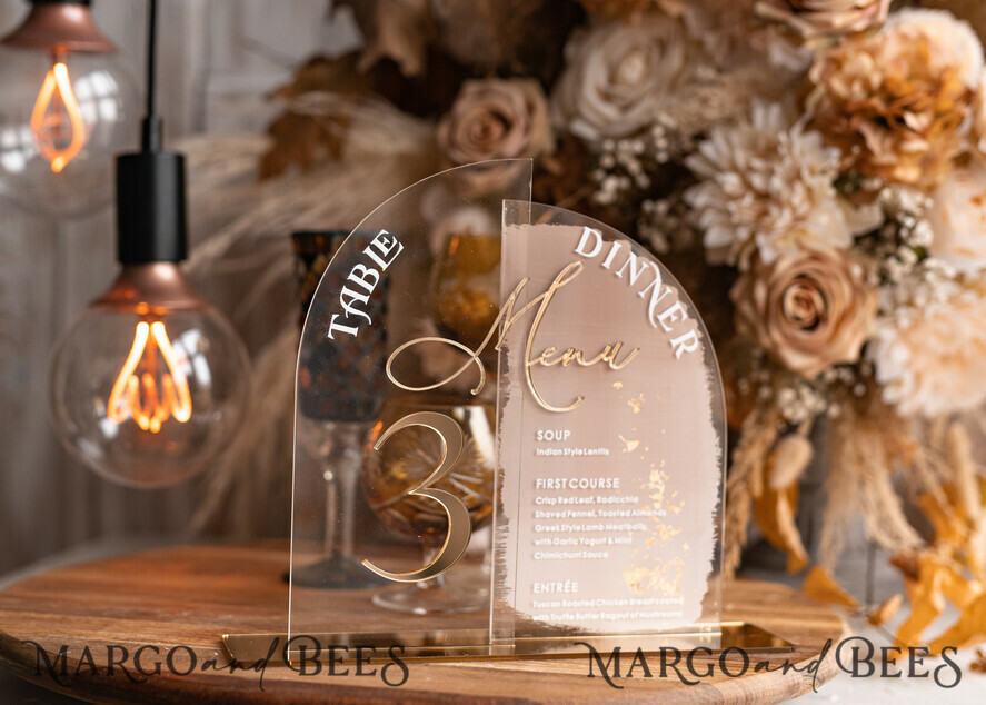 TABLE DECOR SIGNS Acrylic table decor Numbers Acrylic Half Arch Table Number and menu Combo, Clear and Frozen Acrylic gold Sign, Gold Plexi Table Number and Menu Combo Luxury Wedding Table Decor, Wedding Signage