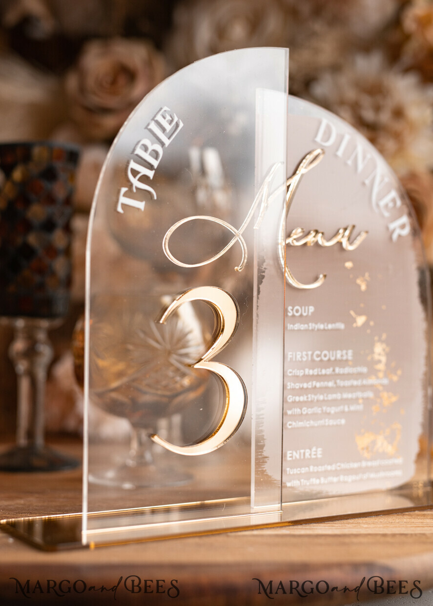 TABLE DECOR SIGNS Acrylic table decor Numbers Acrylic Half Arch Table Number and menu Combo, Clear and Frozen Acrylic gold Sign, Gold Plexi Table Number and Menu Combo Luxury Wedding Table Decor, Wedding Signage