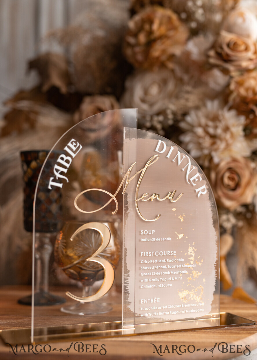 TABLE DECOR SIGNS Acrylic table decor Numbers Acrylic Half Arch Table Number and menu Combo, Clear and Frozen Acrylic gold Sign, Gold Plexi Table Number and Menu Combo Luxury Wedding Table Decor, Wedding Signage