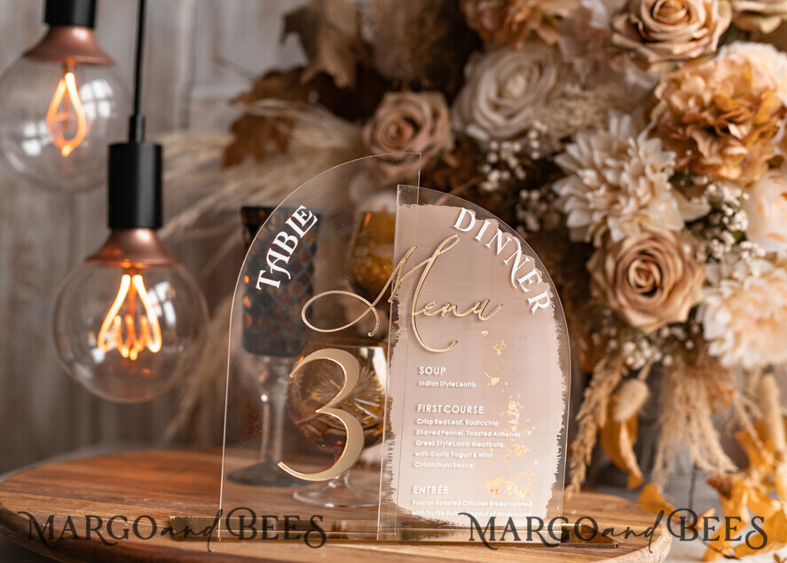 TABLE DECOR SIGNS Acrylic table decor Numbers Acrylic Half Arch Table Number and menu Combo, Clear and Frozen Acrylic gold Sign, Gold Plexi Table Number and Menu Combo Luxury Wedding Table Decor, Wedding Signage