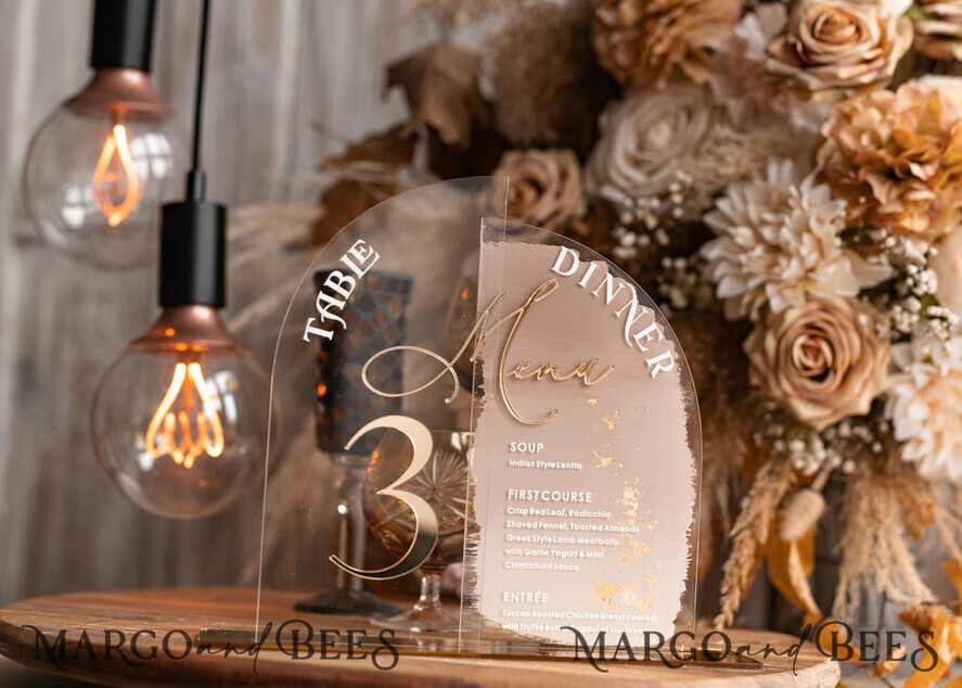 TABLE DECOR SIGNS Acrylic table decor Numbers Acrylic Half Arch Table Number and menu Combo, Clear and Frozen Acrylic gold Sign, Gold Plexi Table Number and Menu Combo Luxury Wedding Table Decor, Wedding Signage