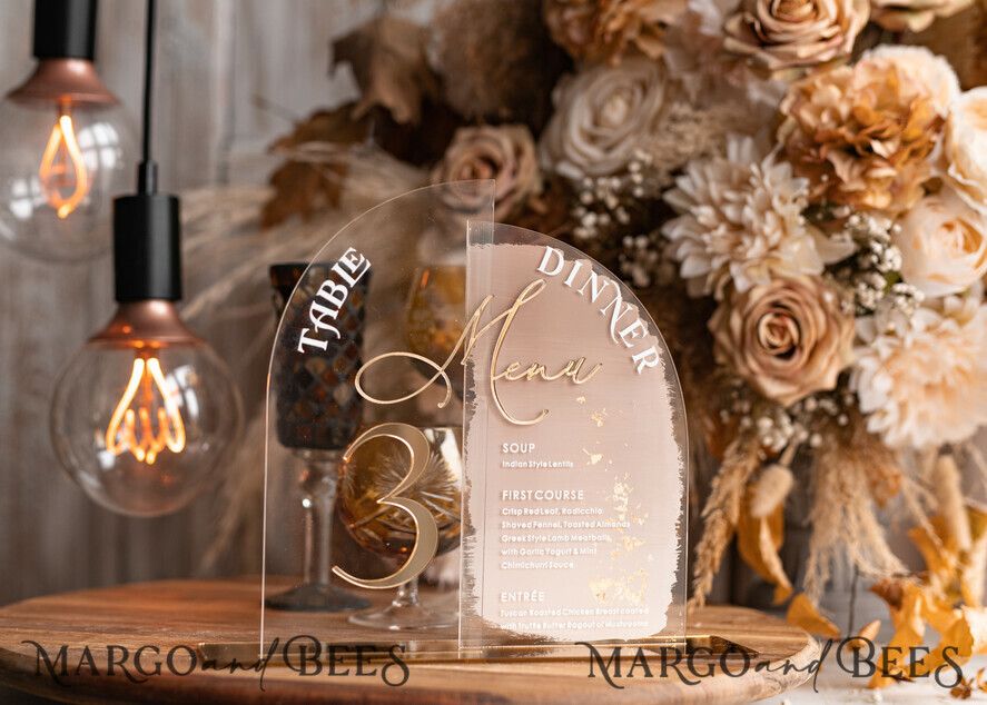 TABLE DECOR SIGNS Acrylic table decor Numbers Acrylic Half Arch Table Number and menu Combo, Clear and Frozen Acrylic gold Sign, Gold Plexi Table Number and Menu Combo Luxury Wedding Table Decor, Wedding Signage