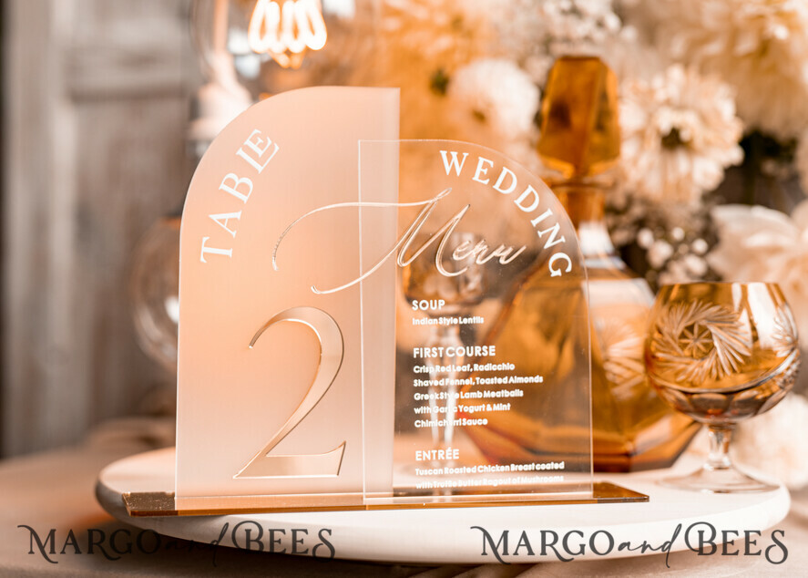 TABLE DECOR SIGNS Acrylic table decor Numbers Acrylic Arch Table Number and menu Combo, Clear and Frozen Acrylic gold Sign, Gold Plexi Table Number and Menu Combo Luxury Wedding Table Decor, Wedding Signage