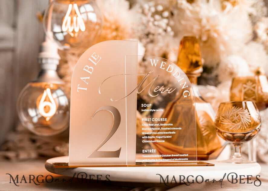 TABLE DECOR SIGNS Acrylic table decor Numbers Acrylic Arch Table Number and menu Combo, Clear and Frozen Acrylic gold Sign, Gold Plexi Table Number and Menu Combo Luxury Wedding Table Decor, Wedding Signage