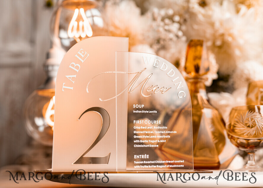 TABLE DECOR SIGNS Acrylic table decor Numbers Acrylic Arch Table Number and menu Combo, Clear and Frozen Acrylic gold Sign, Gold Plexi Table Number and Menu Combo Luxury Wedding Table Decor, Wedding Signage