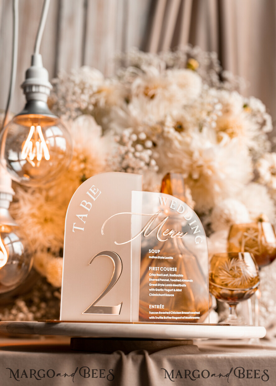 TABLE DECOR SIGNS Acrylic table decor Numbers Acrylic Arch Table Number and menu Combo, Clear and Frozen Acrylic gold Sign, Gold Plexi Table Number and Menu Combo Luxury Wedding Table Decor, Wedding Signage