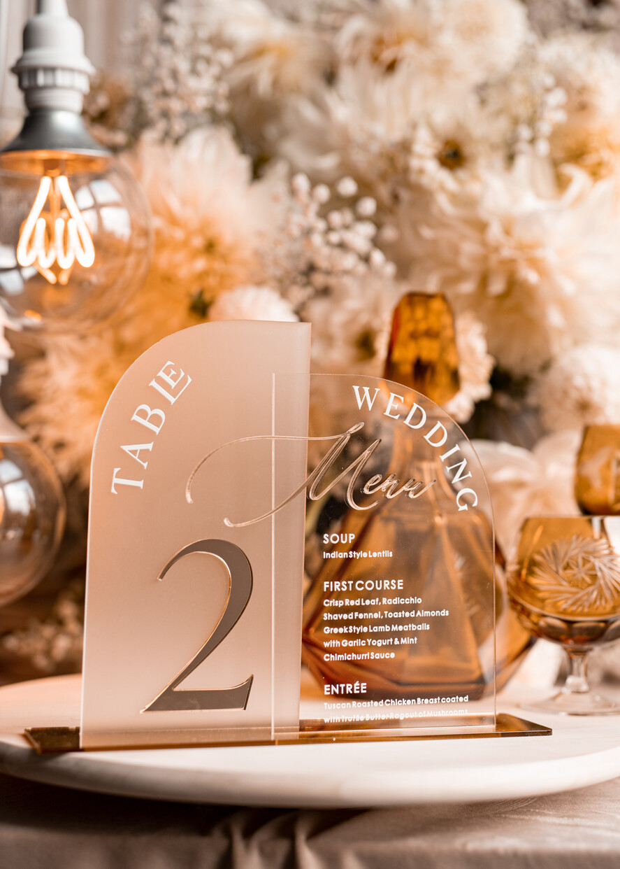 TABLE DECOR SIGNS Acrylic table decor Numbers Acrylic Arch Table Number and menu Combo, Clear and Frozen Acrylic gold Sign, Gold Plexi Table Number and Menu Combo Luxury Wedding Table Decor, Wedding Signage