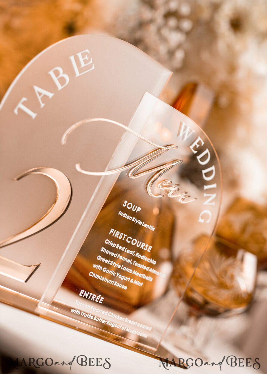 TABLE DECOR SIGNS Acrylic table decor Numbers Acrylic Arch Table Number and menu Combo, Clear and Frozen Acrylic gold Sign, Gold Plexi Table Number and Menu Combo Luxury Wedding Table Decor, Wedding Signage