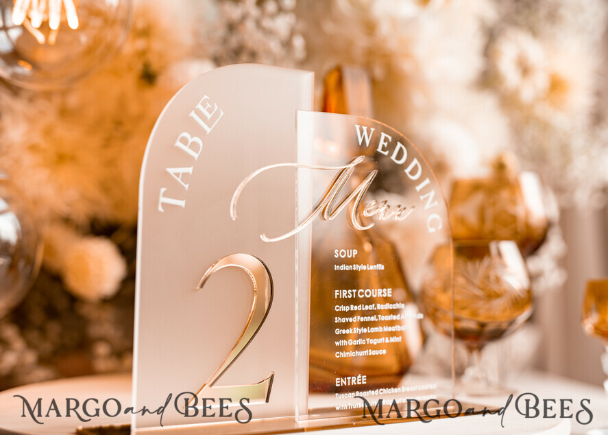 TABLE DECOR SIGNS Acrylic table decor Numbers Acrylic Arch Table Number and menu Combo, Clear and Frozen Acrylic gold Sign, Gold Plexi Table Number and Menu Combo Luxury Wedding Table Decor, Wedding Signage