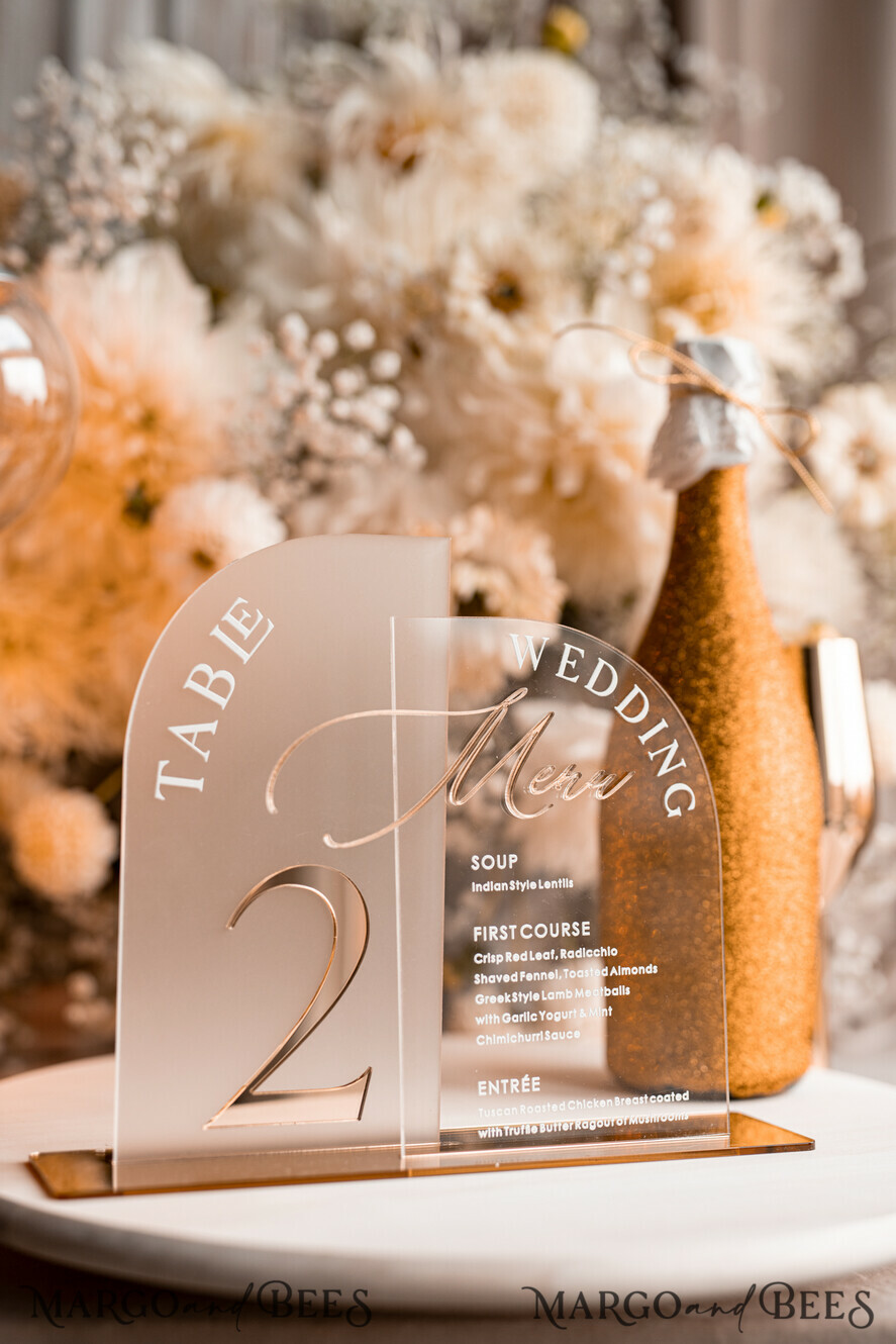 TABLE DECOR SIGNS Acrylic table decor Numbers Acrylic Arch Table Number and menu Combo, Clear and Frozen Acrylic gold Sign, Gold Plexi Table Number and Menu Combo Luxury Wedding Table Decor, Wedding Signage