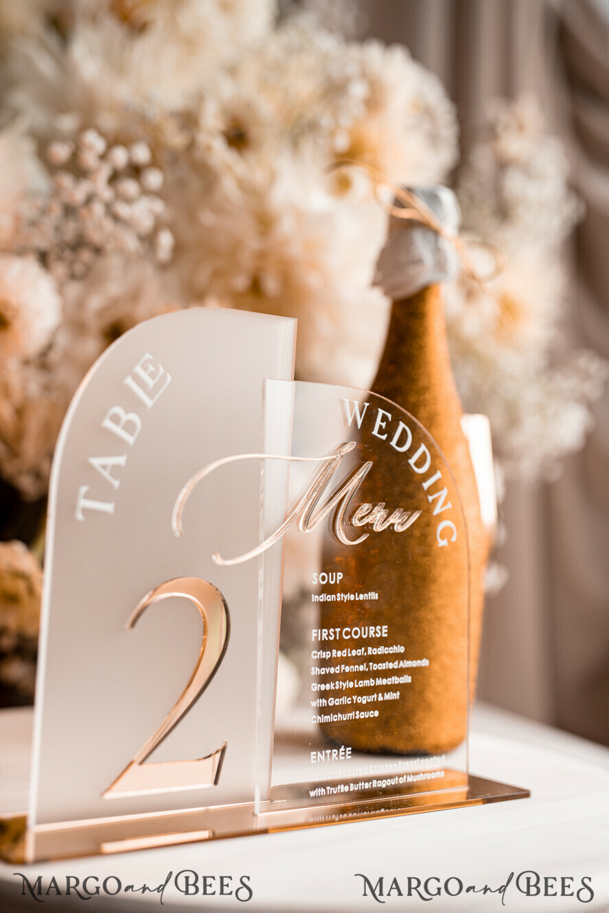 TABLE DECOR SIGNS Acrylic table decor Numbers Acrylic Arch Table Number and menu Combo, Clear and Frozen Acrylic gold Sign, Gold Plexi Table Number and Menu Combo Luxury Wedding Table Decor, Wedding Signage