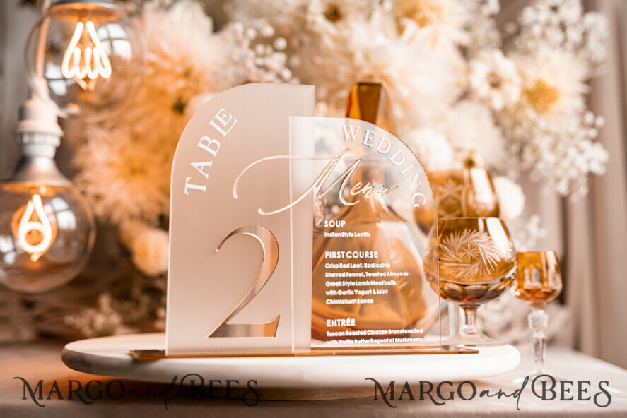 TABLE DECOR SIGNS Acrylic table decor Numbers Acrylic Arch Table Number and menu Combo, Clear and Frozen Acrylic gold Sign, Gold Plexi Table Number and Menu Combo Luxury Wedding Table Decor, Wedding Signage