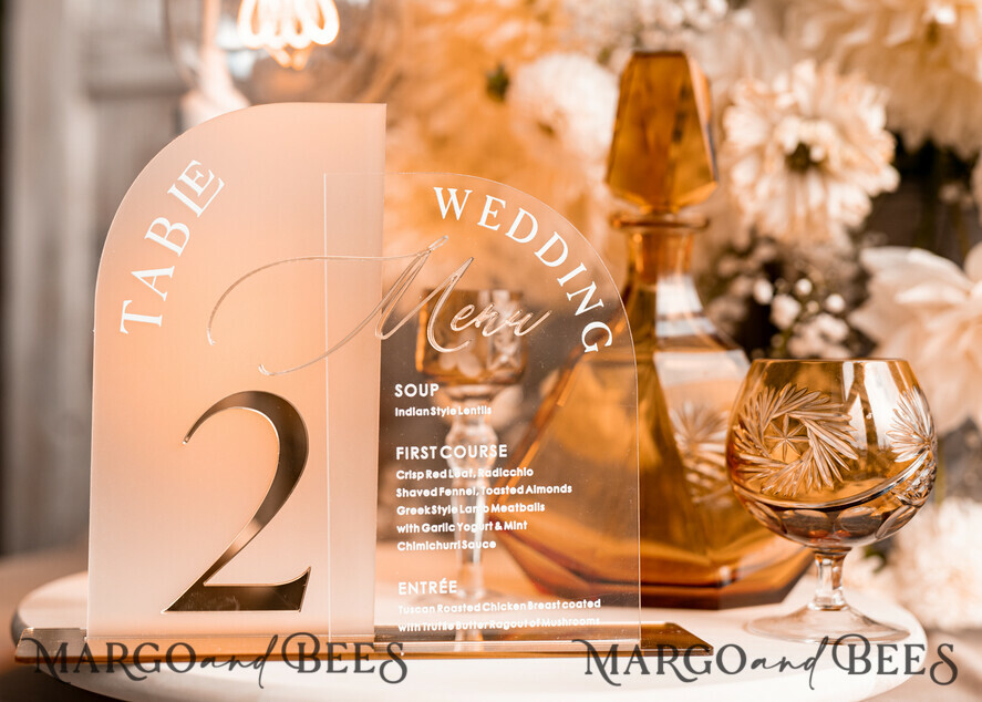 TABLE DECOR SIGNS Acrylic table decor Numbers Acrylic Arch Table Number and menu Combo, Clear and Frozen Acrylic gold Sign, Gold Plexi Table Number and Menu Combo Luxury Wedding Table Decor, Wedding Signage
