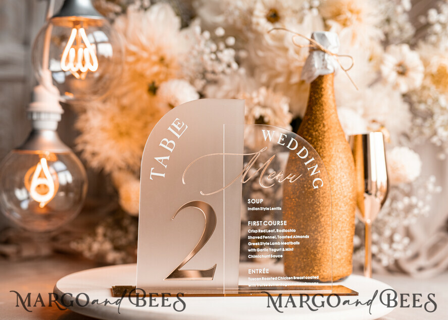 TABLE DECOR SIGNS Acrylic table decor Numbers Acrylic Arch Table Number and menu Combo, Clear and Frozen Acrylic gold Sign, Gold Plexi Table Number and Menu Combo Luxury Wedding Table Decor, Wedding Signage