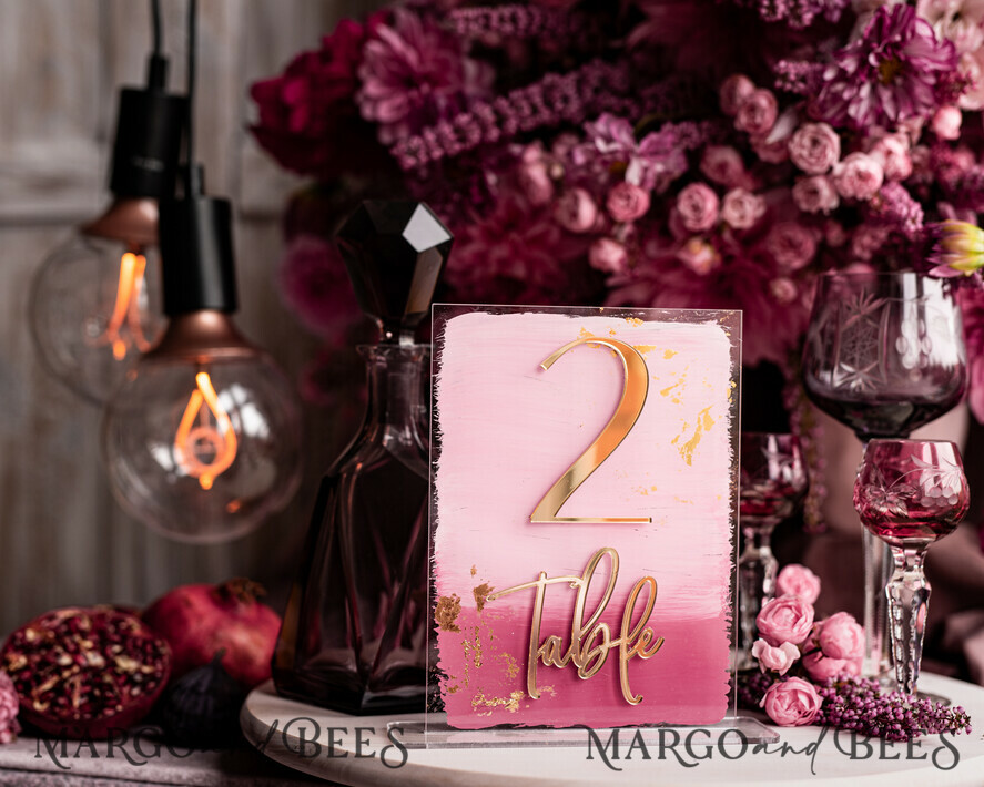 TABLE DECOR SIGNS Acrylic table decor Numbers Pale Pink Ombre Mauve Acrylic Table Numbers, Dusty Rose Acrylic & gold Sign, Gold Plum Plexi Table Numbers, Luxury Purple Wedding Table Decor,3D Wedding Signage