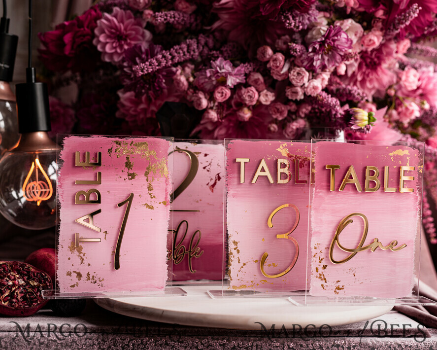 TABLE DECOR SIGNS Acrylic table decor Numbers Pale Pink Ombre Mauve Acrylic Table Numbers, Dusty Rose Acrylic & gold Sign, Gold Plum Plexi Table Numbers, Luxury Purple Wedding Table Decor,3D Wedding Signage