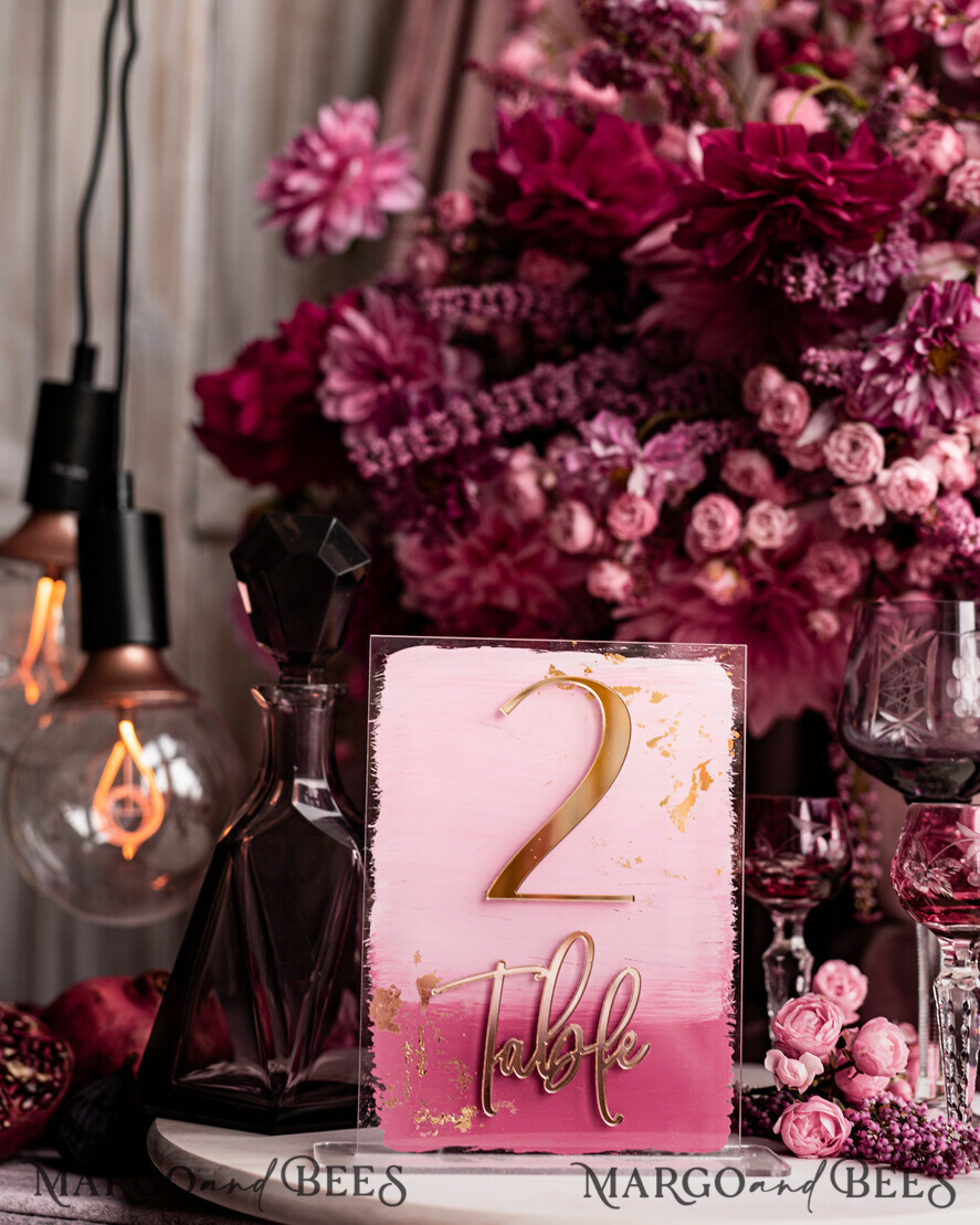 TABLE DECOR SIGNS Acrylic table decor Numbers Pale Pink Ombre Mauve Acrylic Table Numbers, Dusty Rose Acrylic & gold Sign, Gold Plum Plexi Table Numbers, Luxury Purple Wedding Table Decor,3D Wedding Signage