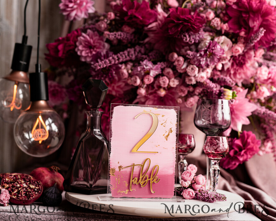 TABLE DECOR SIGNS Acrylic table decor Numbers Pale Pink Ombre Mauve Acrylic Table Numbers, Dusty Rose Acrylic & gold Sign, Gold Plum Plexi Table Numbers, Luxury Purple Wedding Table Decor,3D Wedding Signage