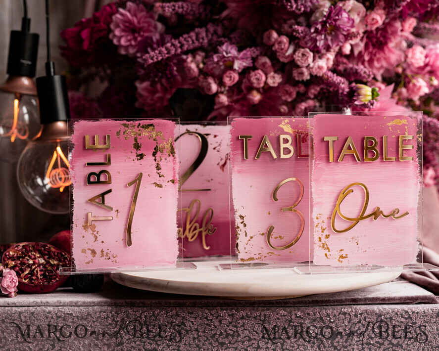 TABLE DECOR SIGNS Acrylic table decor Numbers Pale Pink Ombre Mauve Acrylic Table Numbers, Dusty Rose Acrylic & gold Sign, Gold Plum Plexi Table Numbers, Luxury Purple Wedding Table Decor,3D Wedding Signage
