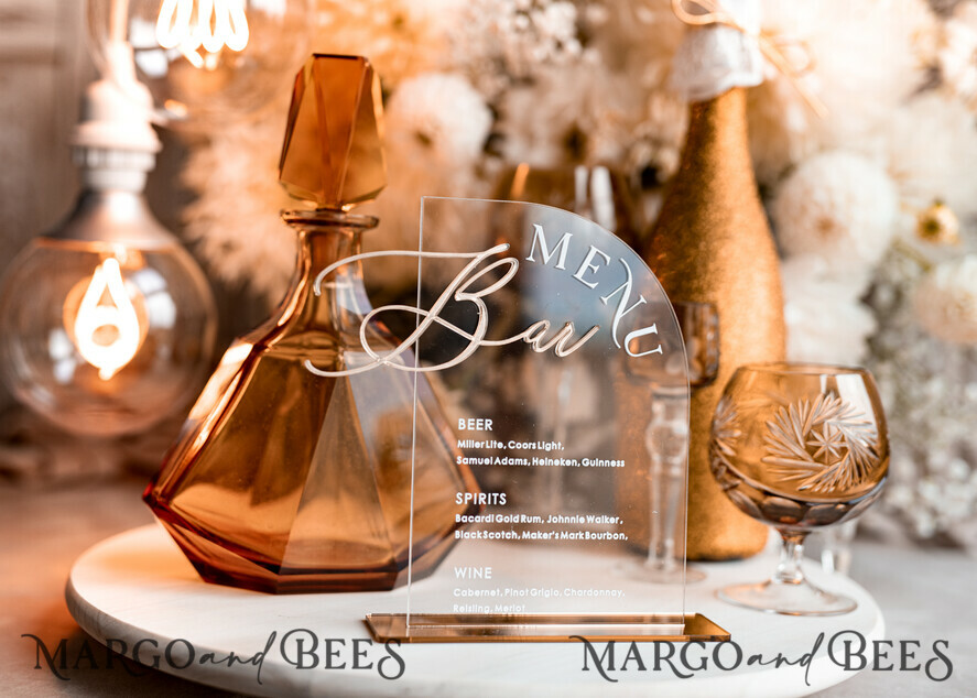 TISCHDEKORATIONSCHILDER   Acryl Tischdekoration Zahlen Acrylbogen Bar Menü, klare Acryl- und Goldschrift, goldene Plexi 3D-Buchstaben, klare Acrylschilder, luxuriöse Hochzeits Tischdekoration, Hochzeitsschild Gold Getränkebar Menü.