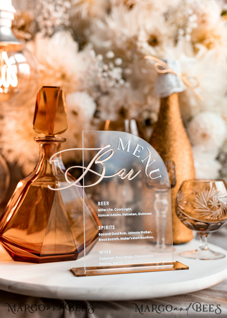 TISCHDEKORATIONSCHILDER   Acryl Tischdekoration Zahlen Acrylbogen Bar Menü, klare Acryl- und Goldschrift, goldene Plexi 3D-Buchstaben, klare Acrylschilder, luxuriöse Hochzeits Tischdekoration, Hochzeitsschild Gold Getränkebar Menü.
