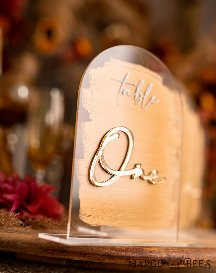 TABLE DECOR SIGNS Acrylic table decor Numbers Acrylic Arch Table Numbers, Clear Acrylic And Gold Sign, Gold Plexi Table Numbers, Luxury Wedding Table Decor, Wedding Signage Golden Mirror Table Numbers  