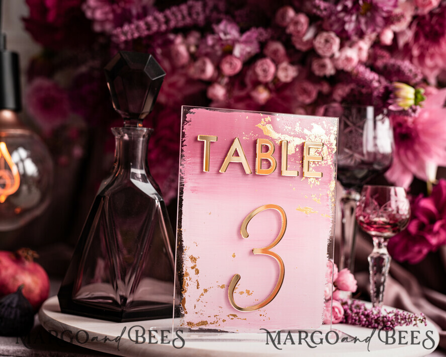 TABLE DECOR SIGNS Acrylic table decor Numbers Pale Pink Ombre Mauve Acrylic Table Numbers, Dusty Rose Acrylic & gold Sign, Gold Plum Plexi Table Numbers, Luxury Purple Wedding Table Decor, Wedding Signage Golden mirror table numbers
