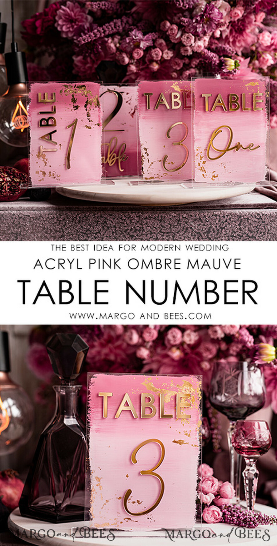 TABLE DECOR SIGNS Acrylic table decor Numbers Pale Pink Ombre Mauve Acrylic Table Numbers, Dusty Rose Acrylic & gold Sign, Gold Plum Plexi Table Numbers, Luxury Purple Wedding Table Decor, Wedding Signage Golden mirror table numbers