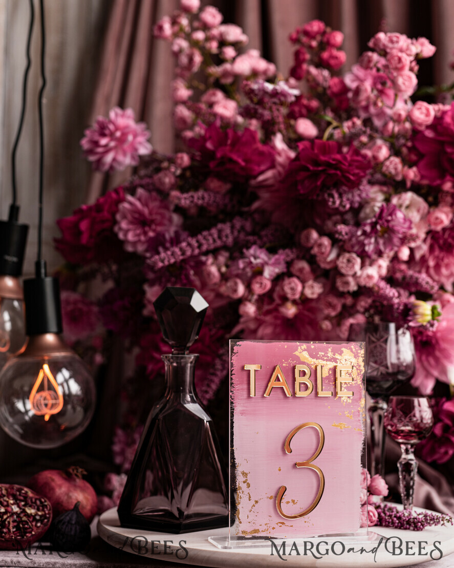 TABLE DECOR SIGNS Acrylic table decor Numbers Pale Pink Ombre Mauve Acrylic Table Numbers, Dusty Rose Acrylic & gold Sign, Gold Plum Plexi Table Numbers, Luxury Purple Wedding Table Decor, Wedding Signage Golden mirror table numbers
