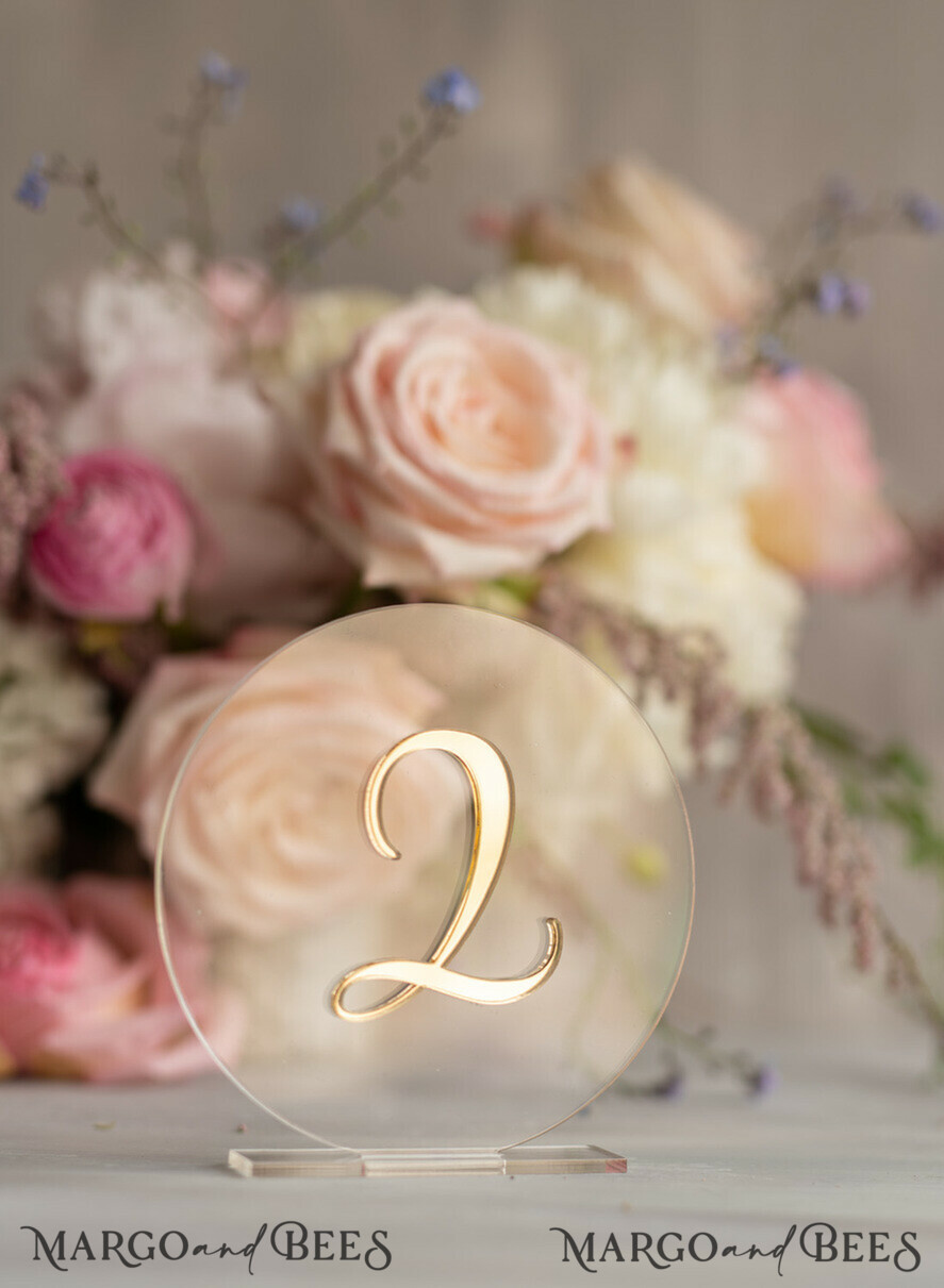 TABLE DECOR SIGNS Acrylic table decor Numbers Acrylic Table Numbers, Clear Acrylic and gold Sign, Gold Plexi Table Numbers, Luxury Wedding Table Decor,  Golden mirror round table numbers, 3D Wedding Signage