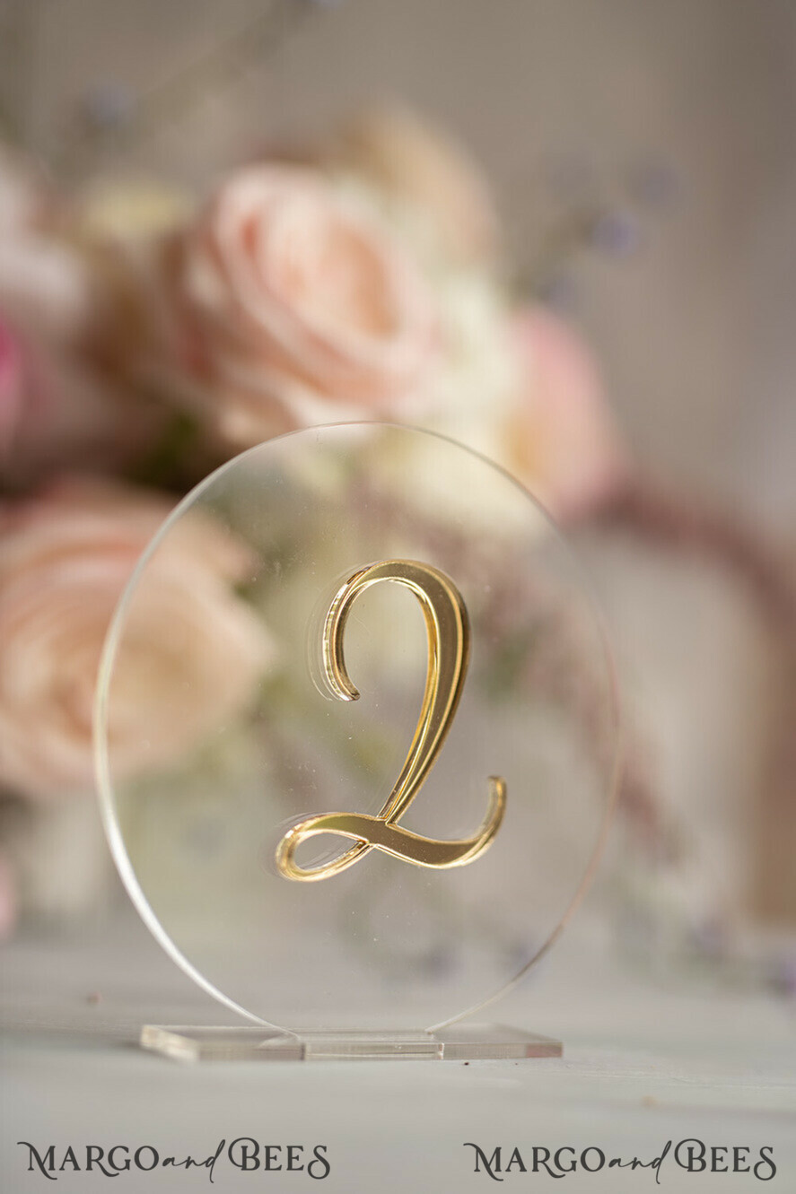 TABLE DECOR SIGNS Acrylic table decor Numbers Acrylic Table Numbers, Clear Acrylic and gold Sign, Gold Plexi Table Numbers, Luxury Wedding Table Decor,  Golden mirror round table numbers, 3D Wedding Signage