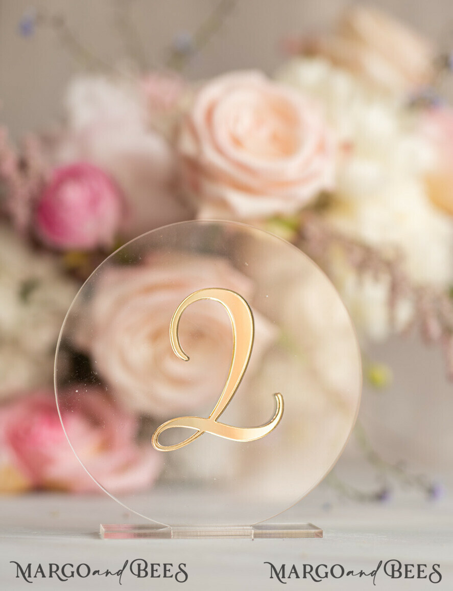 TABLE DECOR SIGNS Acrylic table decor Numbers Acrylic Table Numbers, Clear Acrylic and gold Sign, Gold Plexi Table Numbers, Luxury Wedding Table Decor,  Golden mirror round table numbers, 3D Wedding Signage