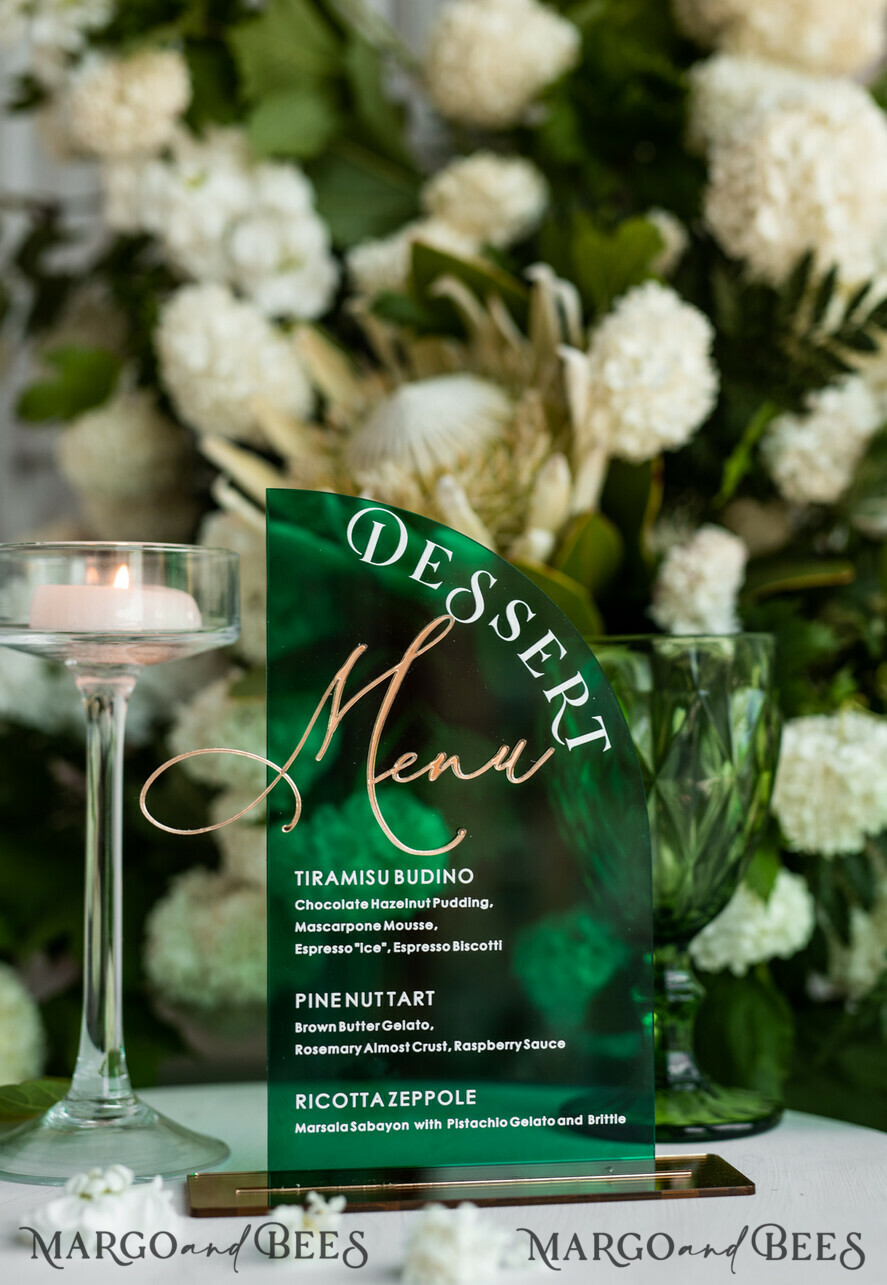 TABLE DECOR SIGNS Acrylic table decor Numbers Green Acrylic Half Arch Dessert menu, Green Acrylic gold Candy Bar Sign, Greenery & Gold Plexi Table Arch Menu, Luxury emerald gree Wedding Table Decor, Wedding