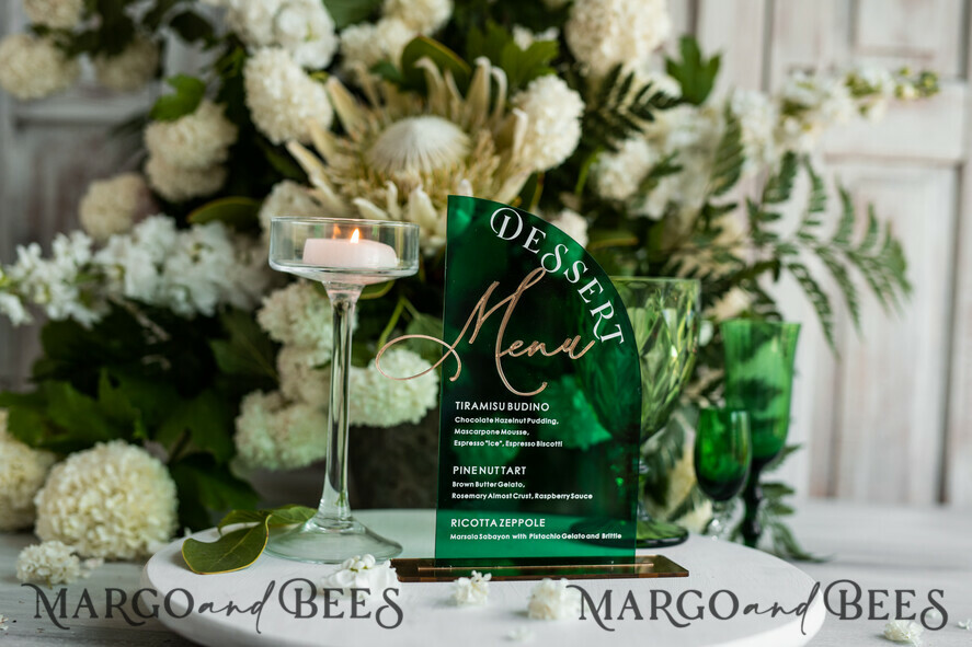 TABLE DECOR SIGNS Acrylic table decor Numbers Green Acrylic Half Arch Dessert menu, Green Acrylic gold Candy Bar Sign, Greenery & Gold Plexi Table Arch Menu, Luxury emerald gree Wedding Table Decor, Wedding