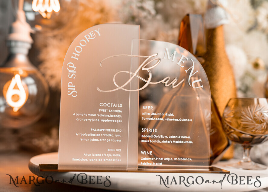 TABLE DECOR SIGNS Acrylic table decor Numbers Acrylic Arch Bar Menu, Clear Frozen Acrylic Sign, 3D Gold Plexi Menu Sign, Luxury Wedding Table Decor, Wedding Signage frosted & Gold mirror sign, Editable text