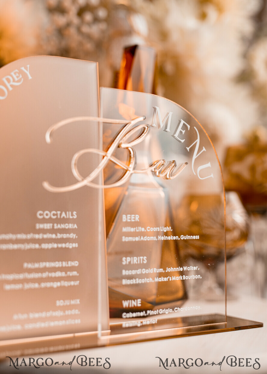 TABLE DECOR SIGNS Acrylic table decor Numbers Acrylic Arch Bar Menu, Clear Frozen Acrylic Sign, 3D Gold Plexi Menu Sign, Luxury Wedding Table Decor, Wedding Signage frosted & Gold mirror sign, Editable text