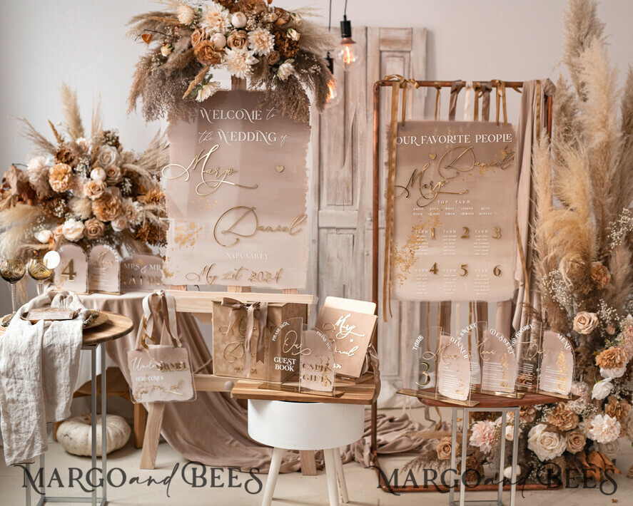 TISCHDEKORATIONSCHILDER   Acryl Tischdekoration Zahlen Acryl Halbbogen Dessertmenü, klarer Acryl Gold Süßigkeitenbar-Schild, Gold Plexi Tischbogen Menü, luxuriöse beige Ombre Hochzeits Tischdekoration, Hochzeitsbeschilderung Golden