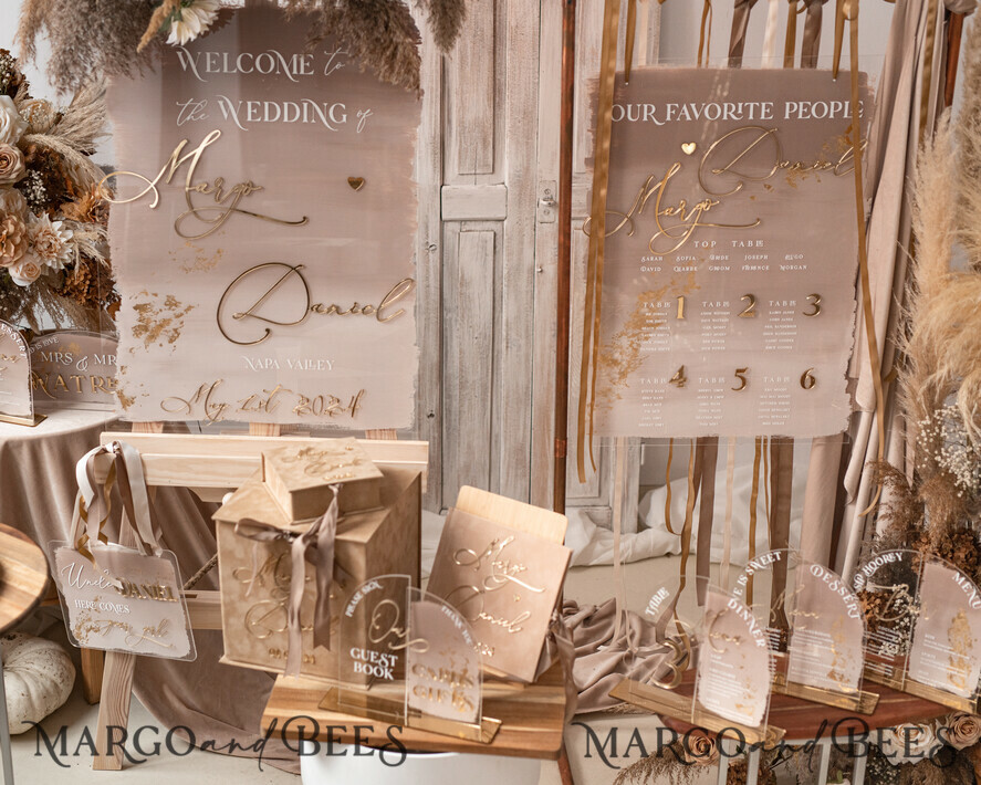 TISCHDEKORATIONSCHILDER   Acryl Tischdekoration Zahlen Acryl Halbbogen Dessertmenü, klarer Acryl Gold Süßigkeitenbar-Schild, Gold Plexi Tischbogen Menü, luxuriöse beige Ombre Hochzeits Tischdekoration, Hochzeitsbeschilderung Golden