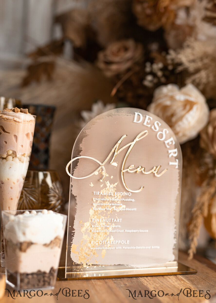 TABLE DECOR SIGNS Acrylic table decor Numbers Acrylic Arch Deessert menu, Clear Acrylic gold Candy Bar Sign, Gold Plexi Table Arch Menu, Luxury Wedding Table Decor, Wedding Signage Golden mirror Dessert Menu