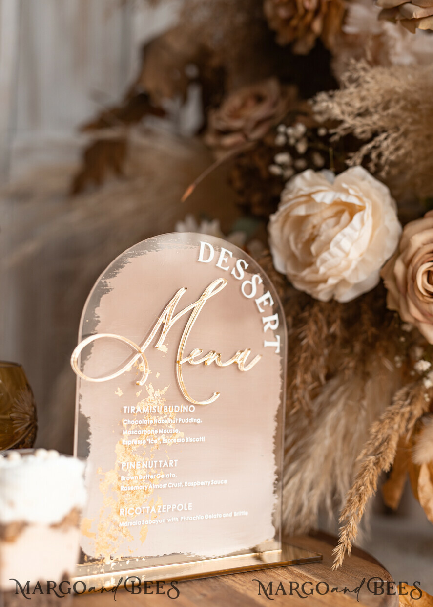 TABLE DECOR SIGNS Acrylic table decor Numbers Acrylic Arch Deessert menu, Clear Acrylic gold Candy Bar Sign, Gold Plexi Table Arch Menu, Luxury Wedding Table Decor, Wedding Signage Golden mirror Dessert Menu