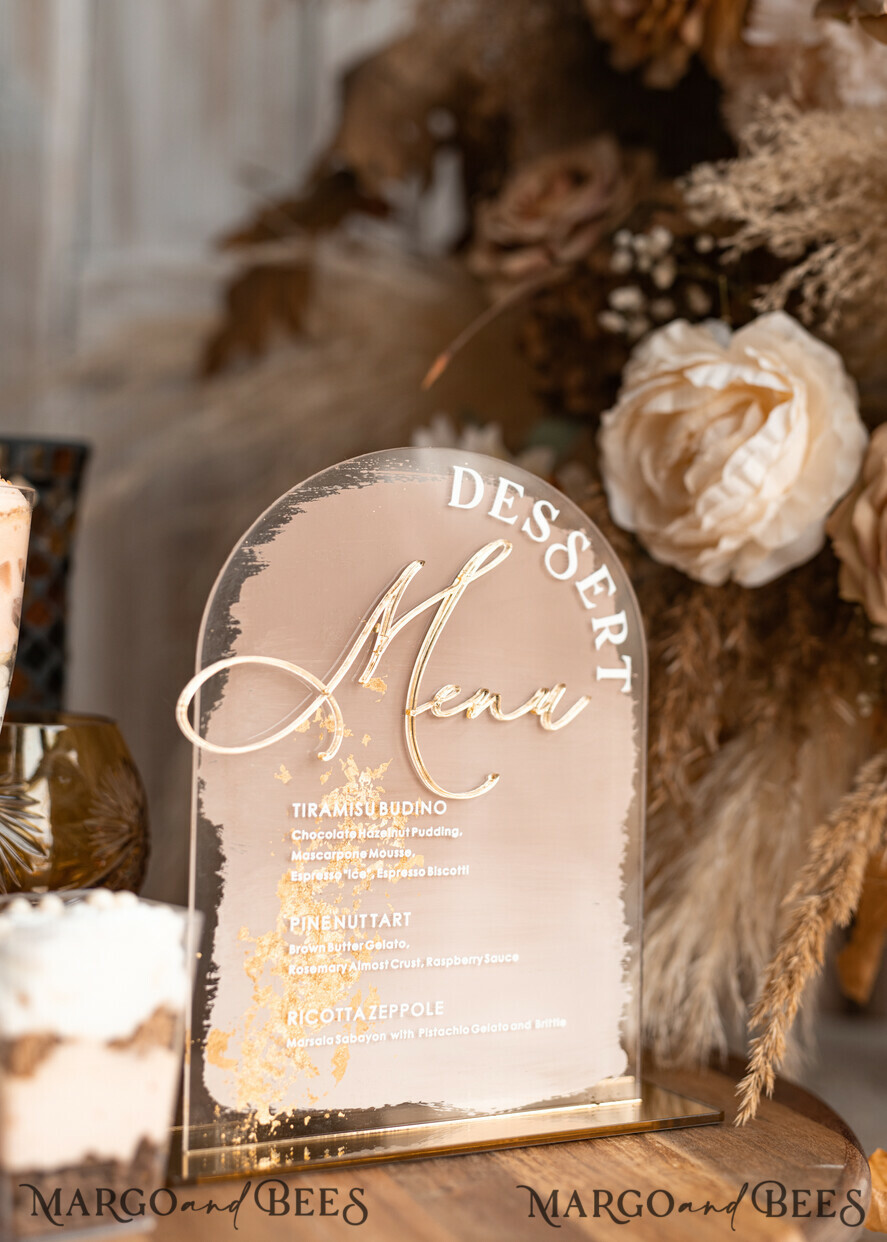 TABLE DECOR SIGNS Acrylic table decor Numbers Acrylic Arch Deessert menu, Clear Acrylic gold Candy Bar Sign, Gold Plexi Table Arch Menu, Luxury Wedding Table Decor, Wedding Signage Golden mirror Dessert Menu