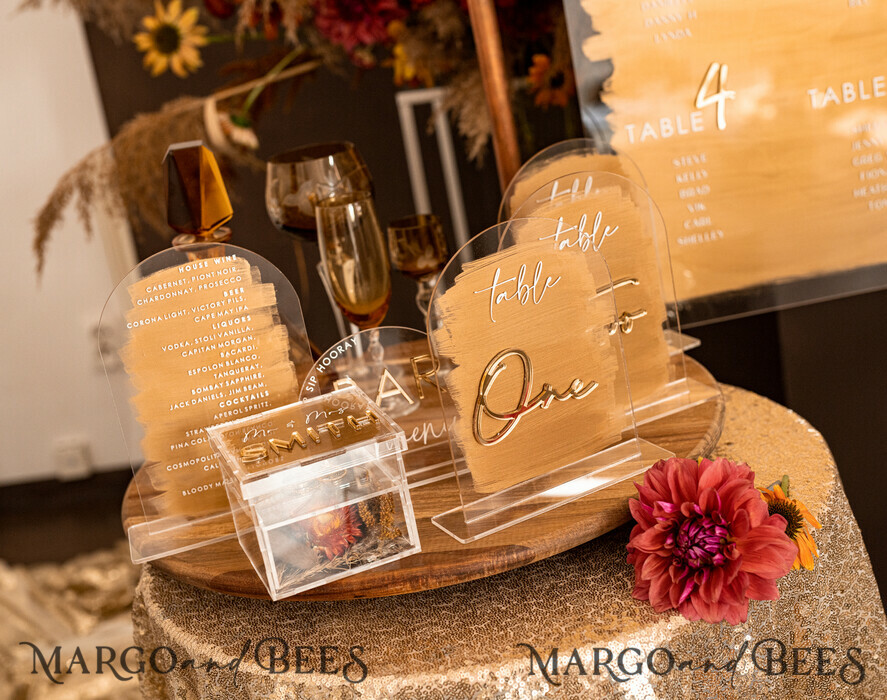 TABLE DECOR SIGNS Acrylic table decor Numbers Only Sign - No card box here Acrylic Arch cards and well wishes sign , Clear Acrylic and gold Sign, Gold Plexi card box sign, Luxury Wedding Table Decor, Wedding Signage Golden mirror cards sign