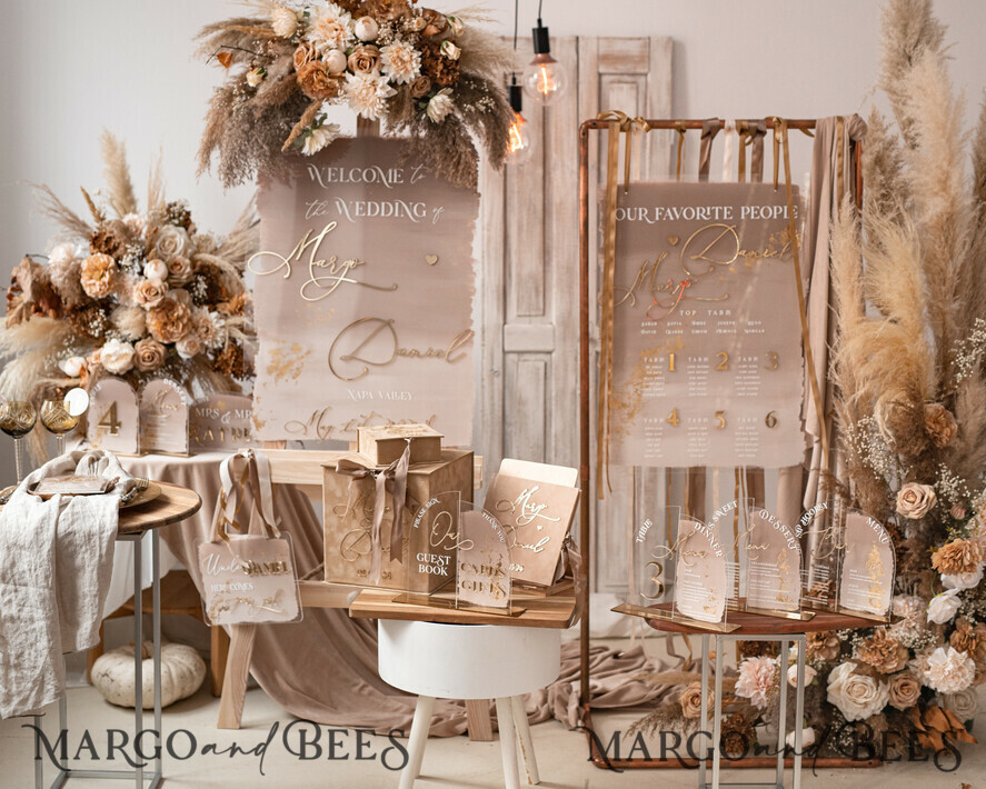 TABLE DECOR SIGNS Acrylic table decor Numbers Acrylic Arch Ombre Cappuccino Table Menu, Clear Acrylic And Gold Sign, Nude Gold Plexi Table Numbers, Tan Luxury Wedding Table Decor, Earthy Wedding Signage Golden Mirror Table Numbers