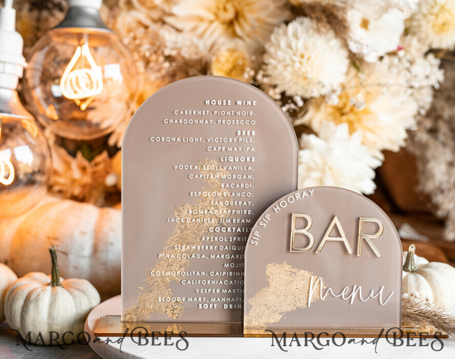 TABLE DECOR SIGNS Acrylic table decor Numbers Acrylic Arch Cappuccino Bar Menu, Clear Acrylic And Gold Bar Menu, Nude Taupe Gold Plexi Drink Bar Menu, Tan Luxury Wedding Drink Bar Table Decor, Earthy Wedding Signage Golden Mirror Bar Menu