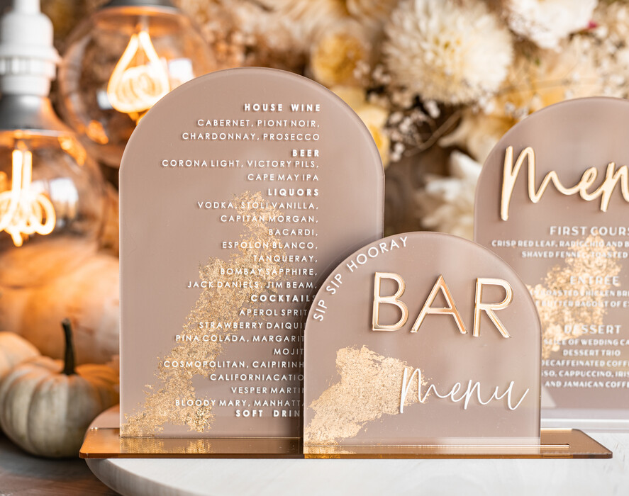 TABLE DECOR SIGNS Acrylic table decor Numbers Acrylic Arch Cappuccino Bar Menu, Clear Acrylic And Gold Bar Menu, Nude Taupe Gold Plexi Drink Bar Menu, Tan Luxury Wedding Drink Bar Table Decor, Earthy Wedding Signage Golden Mirror Bar Menu